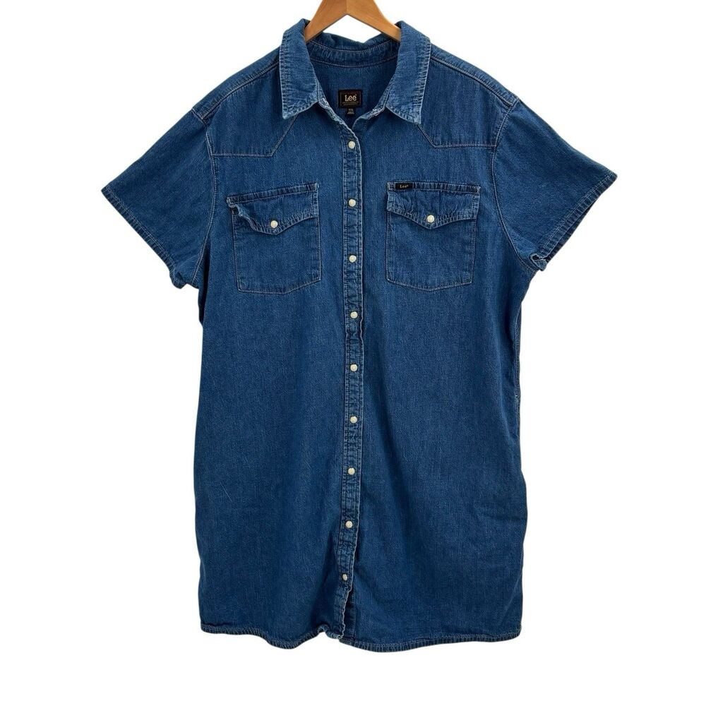 Lee Denim Dress Womens XXL Pearl Snap Shirt Dress Western Rodeo Cowgirl Pockets